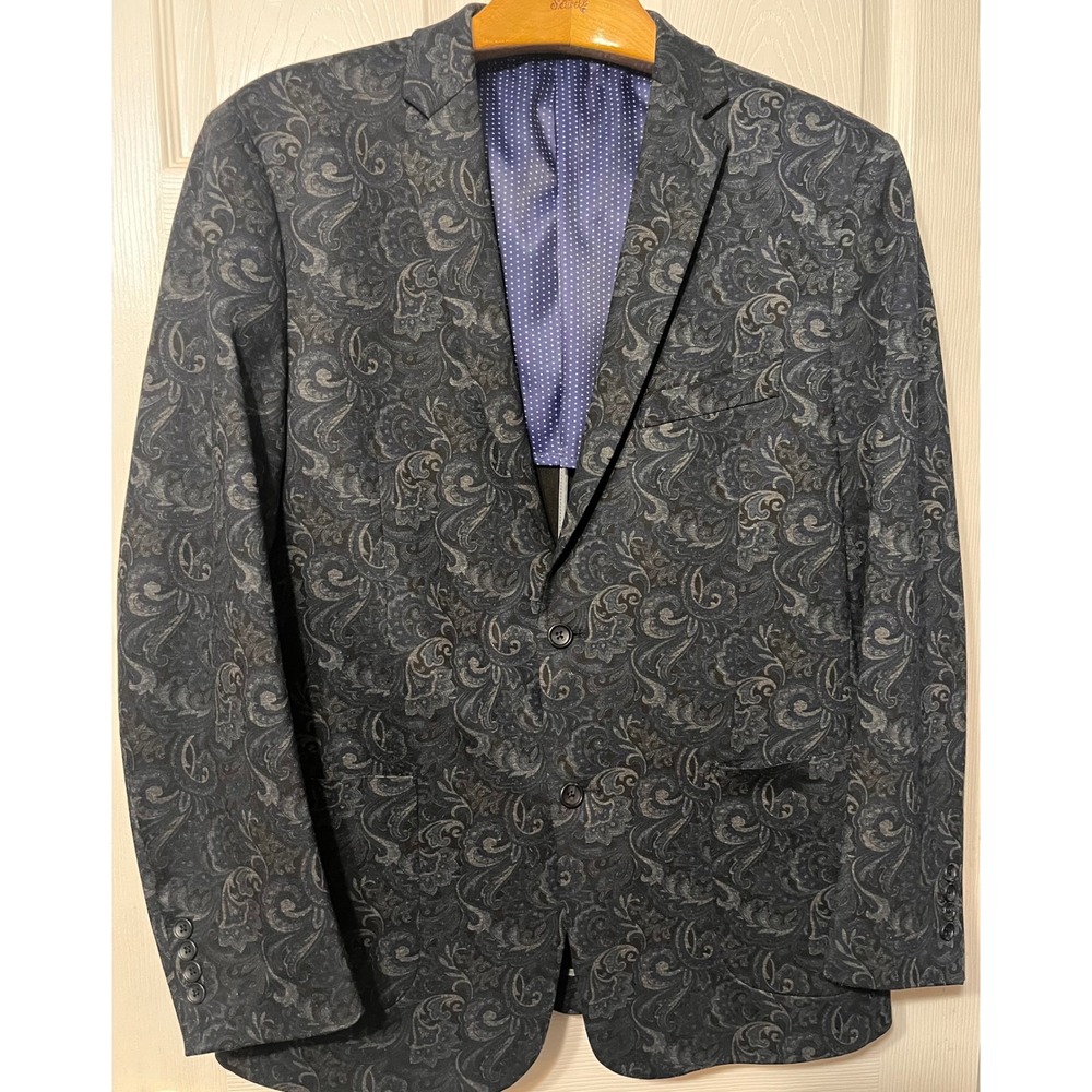 Madison Modern Fit Mens Blazer 44L Navy Grey Paisley Cotton Blend Sport Coat